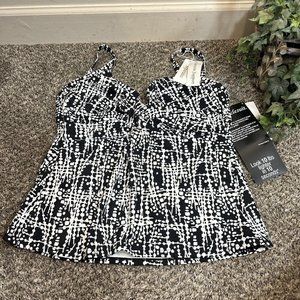 Miraclesuit Sz 16 Roswell Tankini Swim Top Black White Underwire Twist Front New